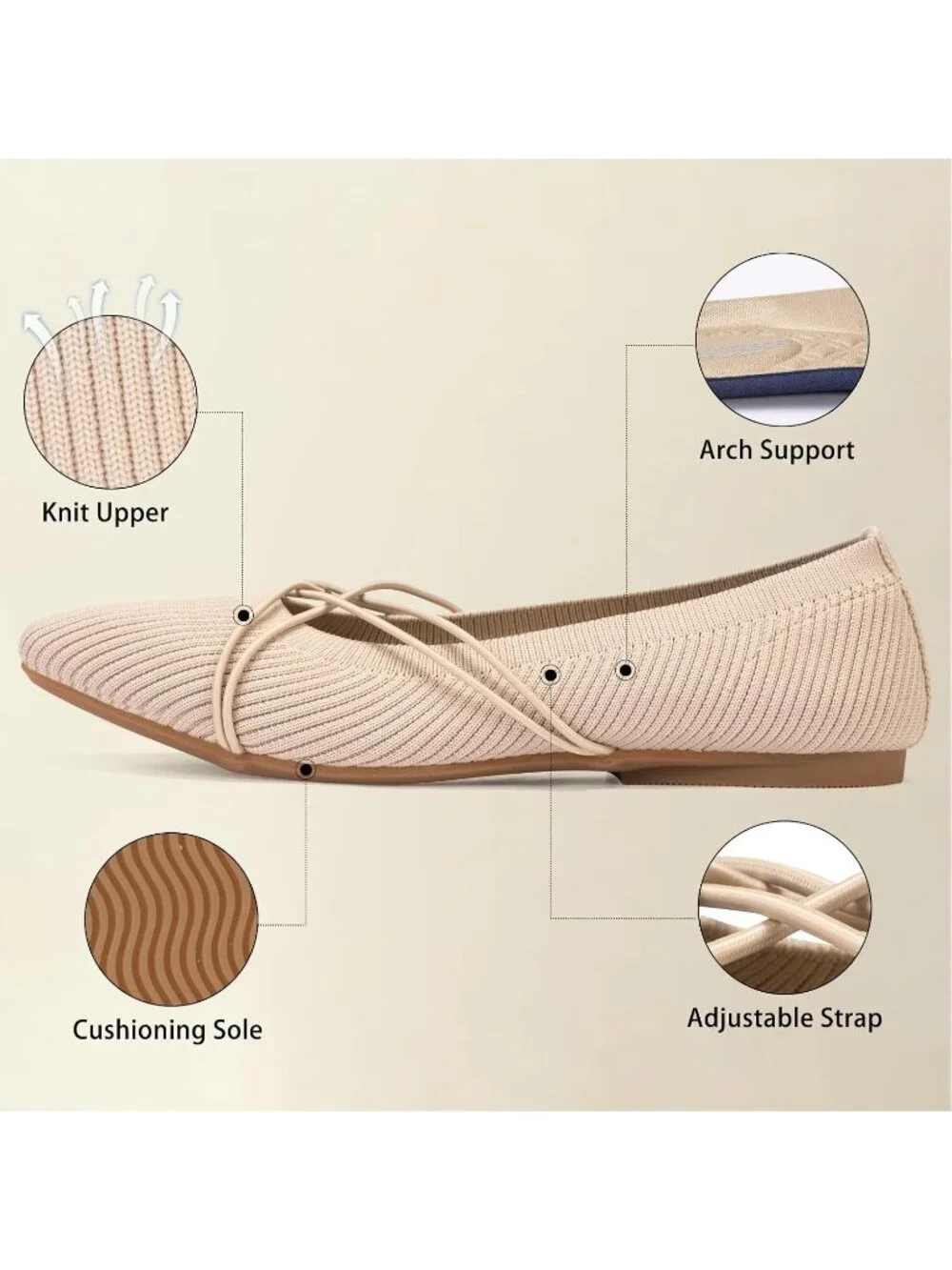 Women's Nude Square Toe Flats Comfortable Knit Ballet Flats with Cross Strap
